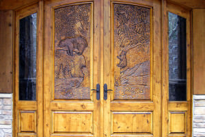 Knotty Alder door with engraved pheasant scene